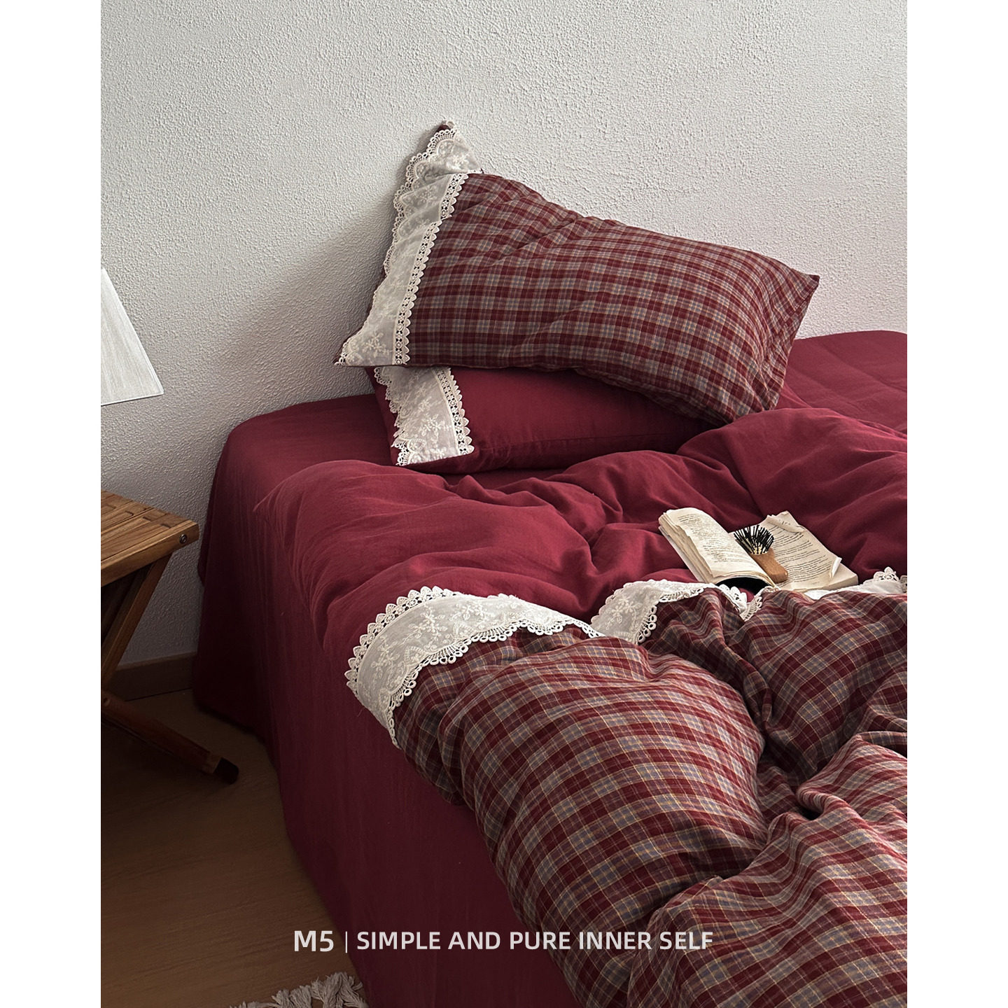 韩式复古少女格子荷叶边双层纱全棉四件套纯棉床单被套床笠款床品