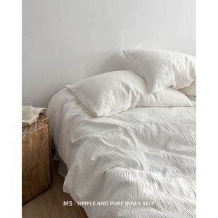 意式极简侘寂风纯白木纹提花全棉床上四件套纯棉被套床笠双人床品