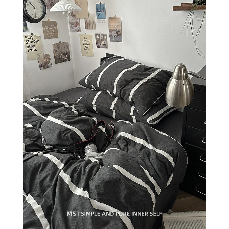 简约风黑白极简条纹全棉纯棉床上四件套针织棉天竺棉裸睡被套床品
