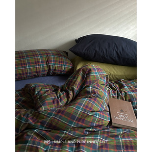 复古格子中古风100全棉纯棉床上四件套床单被套床笠款床品三件套