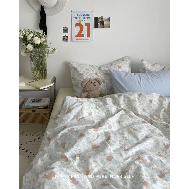 韩式小清新兔子纯棉床上四件套全棉床单被套床笠款学生床品三件套