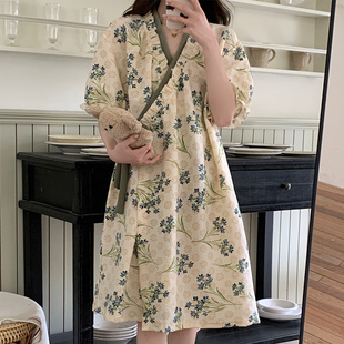 家居服 夏天国风睡衣女款 睡袍碎花短袖 新中式 睡裙和服浴衣孕妇大码