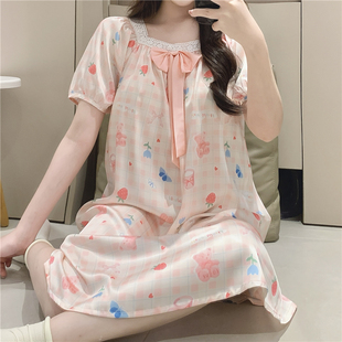 冰丝睡裙女款 蝴蝶结卡通小熊可外穿睡衣家居服 夏季 带胸垫2025新款