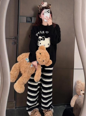 黑色Kitty卡通条纹半边绒睡衣女秋冬款加绒加厚珊瑚绒家居服套装