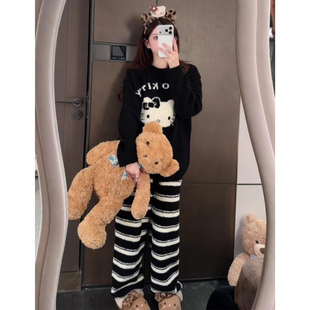 黑色Kitty卡通条纹半边绒睡衣女秋冬款加绒加厚珊瑚绒家居服套装