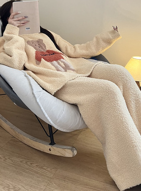 卡通高级感半边绒睡衣女黄色秋冬天加厚珊瑚绒长袖长裤家居服套装