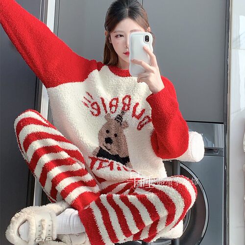 秋冬加厚珊瑚绒小熊可外穿睡衣女