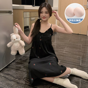 纯棉吊带睡裙女款夏季带胸垫一体梭织棉麻可爱甜美睡衣性感家居服