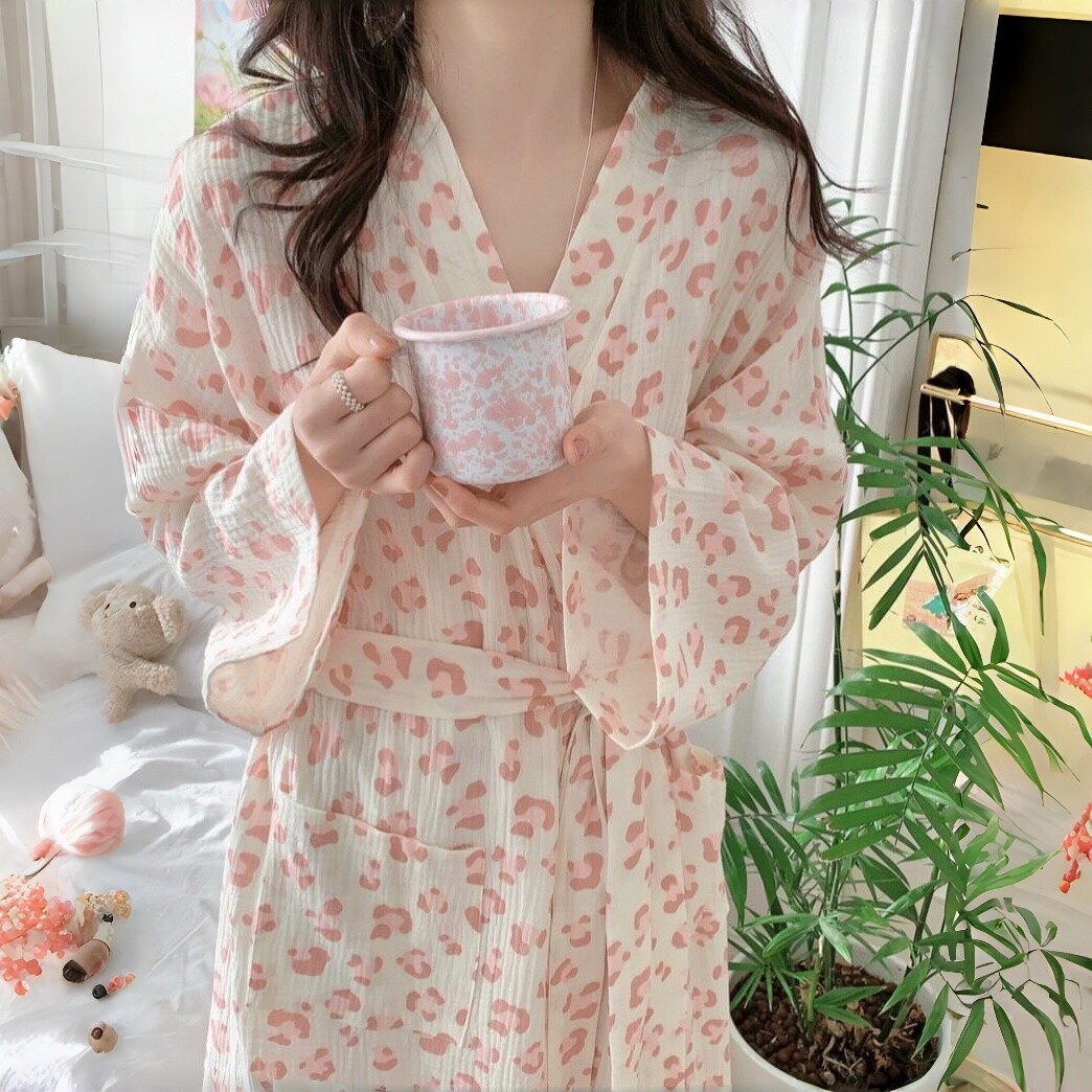 2026新款女豹纹和服长袖睡袍图片