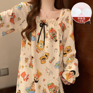 带胸垫睡裙女春秋冬季纯棉可爱长袖棉麻纱布中长款卡通睡衣家居服