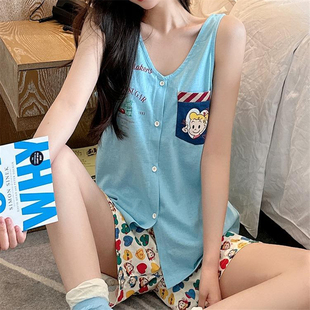 吊带可爱卡通2025新款 开衫 睡衣女夏季 背心短裤 家居服 薄款 休闲套装