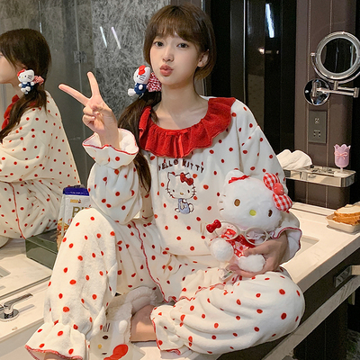 hellokitty可爱睡衣女秋冬款珊瑚绒加绒加厚公主风春季家居服套装