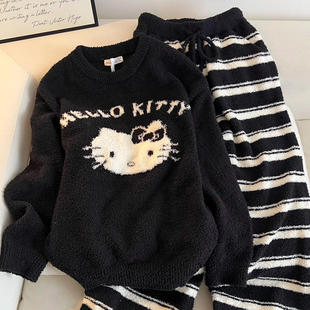 条纹卡通猫半边绒睡衣女秋冬款网红气质加绒加厚珊瑚绒家居服套装