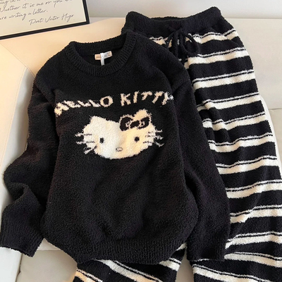 秋冬加厚珊瑚绒猫半边绒睡衣套装