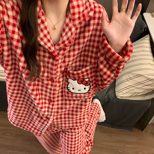 格子kt猫珊瑚绒睡衣女冬季新年新婚喜庆圣诞加厚法兰绒家居服套装