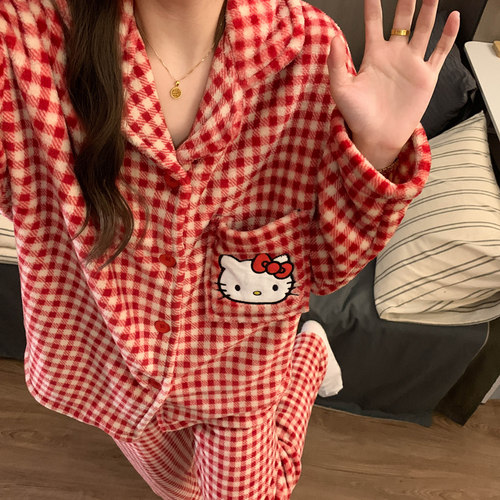 格子kt猫珊瑚绒睡衣女家居服套装