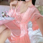 两件套春秋家居服 可爱性感冰丝绸浴衣睡袍吊带短袖 睡衣女夏季 薄款