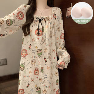 带胸垫睡裙女春秋季纯棉可爱长袖棉麻纱中长款卡通睡衣秋冬家居服