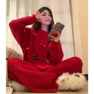 冬季2025圣诞节红色半边绒睡衣女冬本命年可外穿加厚珊瑚绒家居服