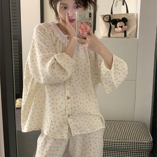 夏碎花 睡衣女春秋季 长袖 网红纯棉纱布花边宽松ins薄款 家居服套装