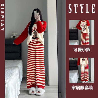 睡衣女秋冬季新款红色卡通小熊