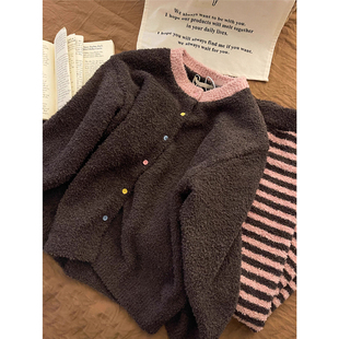 冬天甜美粉色条纹珊瑚绒睡衣女韩版简约加厚半边绒保暖家居服套装