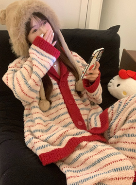 红色撞色条纹半边绒睡衣女冬季2025新款加绒加厚家居服套装可外穿