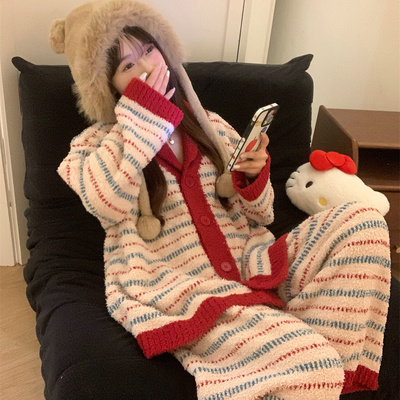 红色撞色套装半边绒睡衣女冬季