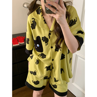 带胸垫一体睡衣女夏季短袖黑绿猫可爱纯棉薄款大码胖MM家居服套装