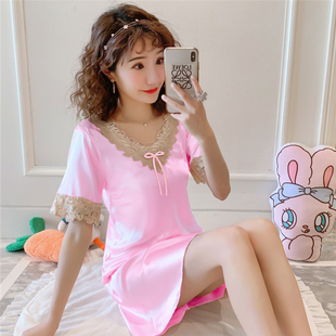 短袖 性感粉色睡衣家居服 冰丝绸韩国pink网红风大码 睡裙女夏天薄款