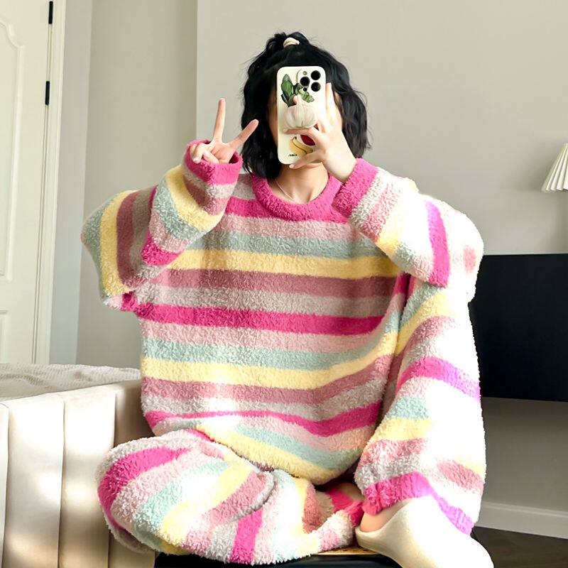 条纹睡衣女秋冬季半边绒撞色圆领加绒珊瑚绒居家服春秋可外穿套装