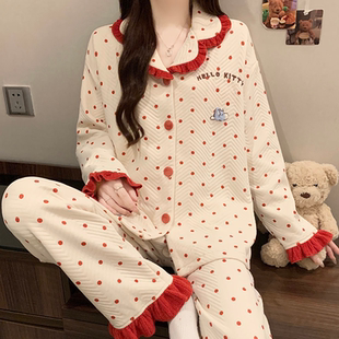 可爱小猫新款睡衣女秋冬空气棉套装纯棉长袖春夹层加厚保暖家居服