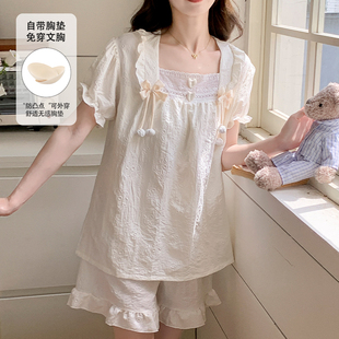 花边可外穿家居服套装 睡衣女夏季 带胸垫甜美胖mm加肥大码 短袖 薄款