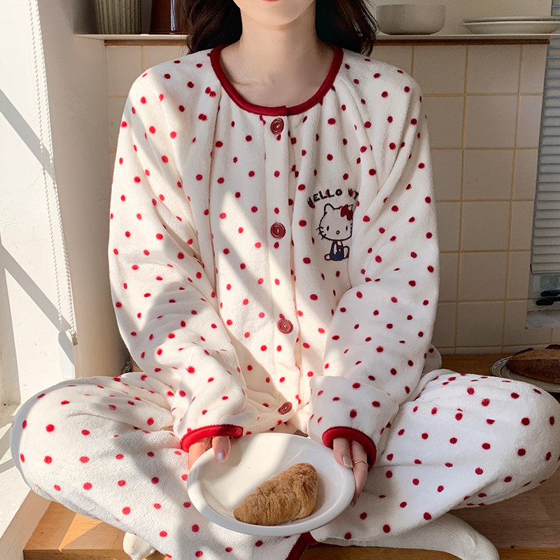 秋冬天可爱少女风卡通小猫珊瑚绒睡衣女长袖软妹法兰绒家居服套装