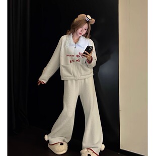 韩系毛绒绒翻领半边绒睡衣女秋冬季2025新款珊瑚绒保暖加厚家居服