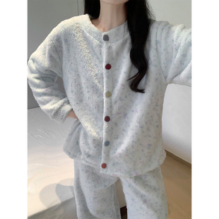 糖果纽扣软绵绵甜美少女感半边绒睡衣加厚保暖秋冬季家居服可外穿