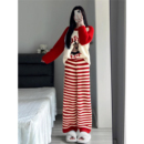 睡衣女秋冬季 软绵绵圣诞新年撞色条纹半边绒加厚法兰绒家居服套装