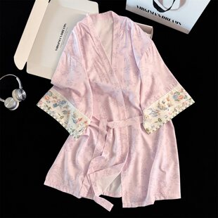 国风半袖 素雅晨袍睡衣家居服 系带浴袍新中式 复古风冰丝睡袍女夏季