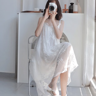 睡裙女夏季 家居服 薄款 甜美蕾丝性感吊带睡衣公主风夏天冰丝中长款