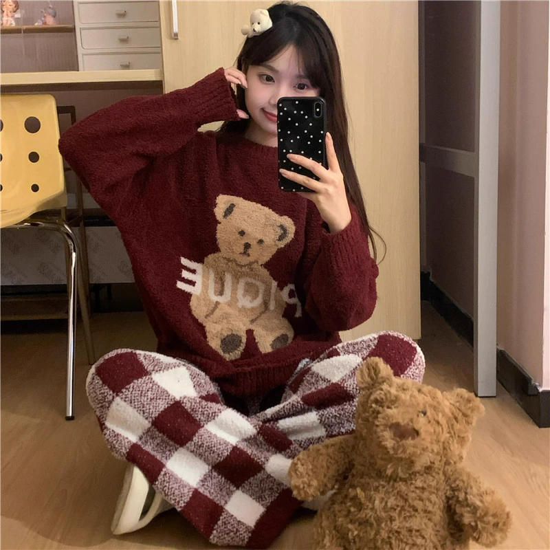 可爱卡通熊半边绒睡衣女红色新年喜庆冬季保暖加厚珊瑚绒春家居服