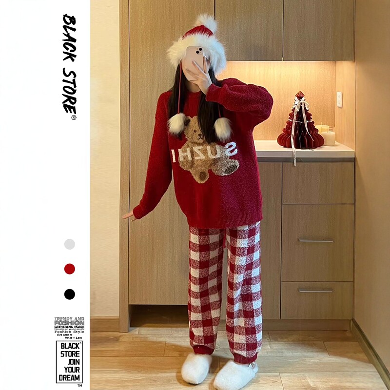 韩版圣诞卡通格子小熊睡衣女套装