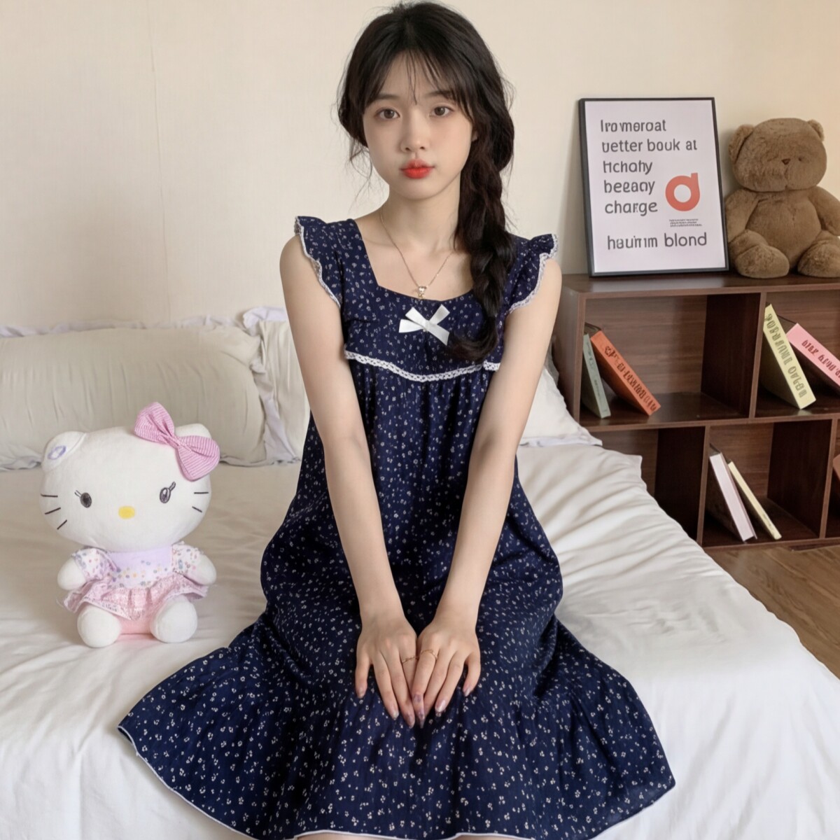 蓝色夏日碎花睡裙女款纯棉带胸垫公主风性感吊带睡衣连衣裙家居服