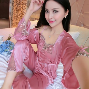 夏季三件套冰丝睡裙 吊带睡衣女士蕾丝性感诱惑妩媚休闲睡袍套装