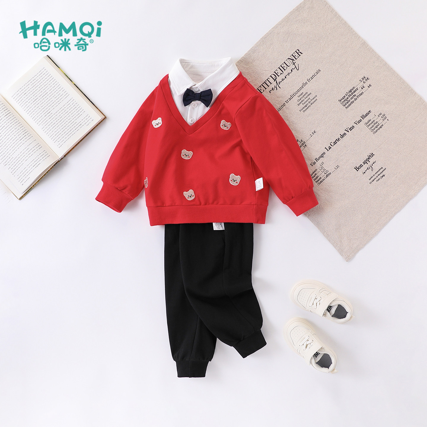 男童长袖套装春秋装新款宝宝红色学院风洋气两件套小儿童衣服童装