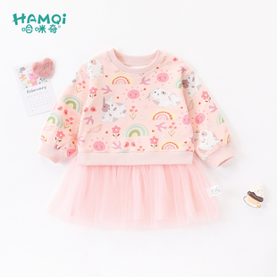 女童春秋装连衣裙新款网纱拼接款宝宝卫衣裙小儿童公主裙婴儿裙子