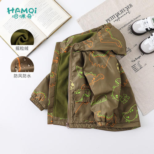 男童冲锋衣秋冬装卡通摇粒绒外套宝宝小儿童休闲加绒风衣防风童装