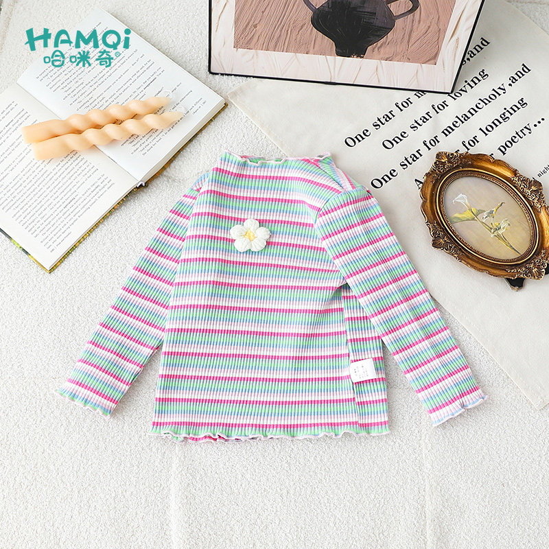 女童条纹长袖T恤春装小儿童弹力洋气打底衫宝宝新款休闲上衣修身