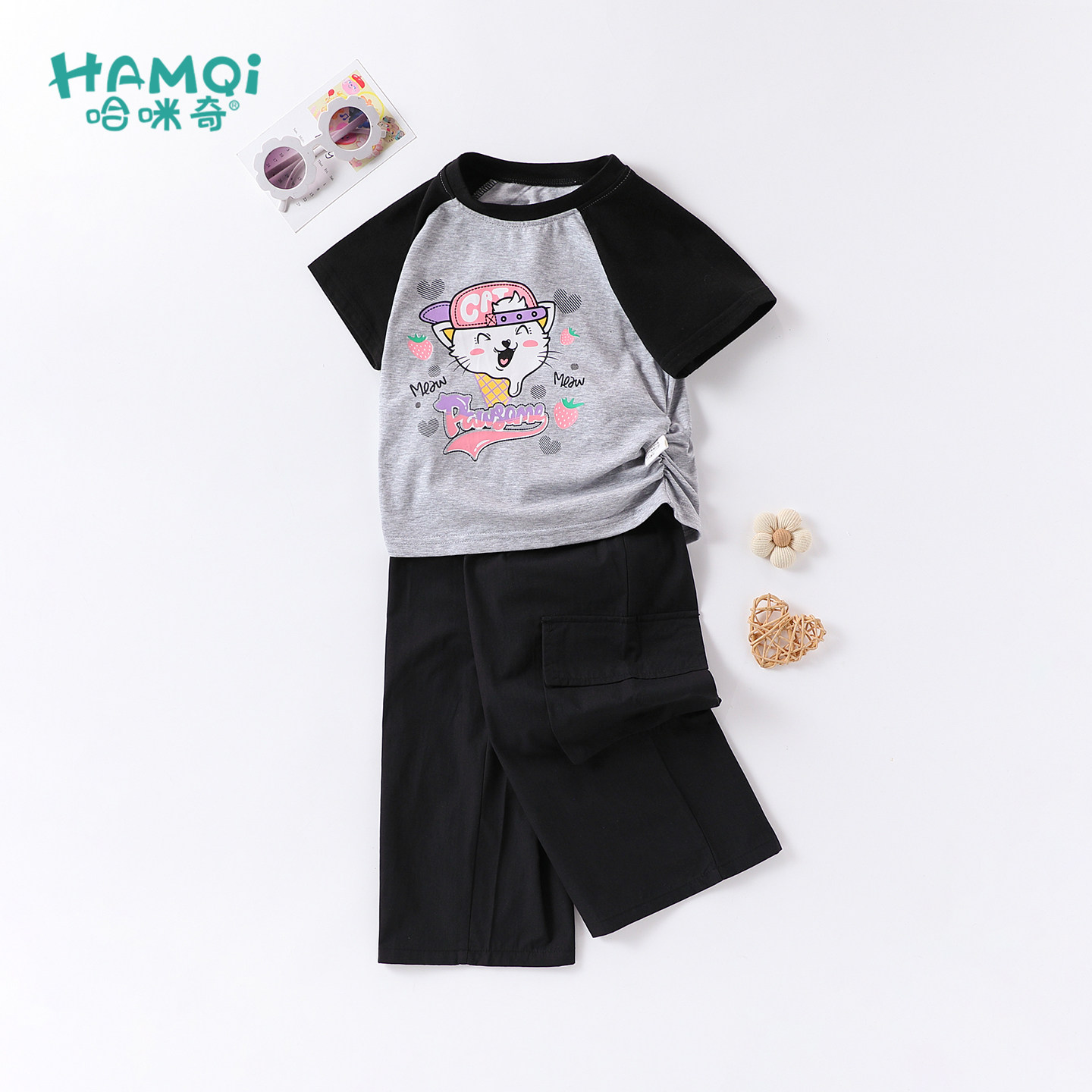 女童夏季短袖套装宝宝新款萌趣上衣工装裤两件套小儿童休闲衣服潮