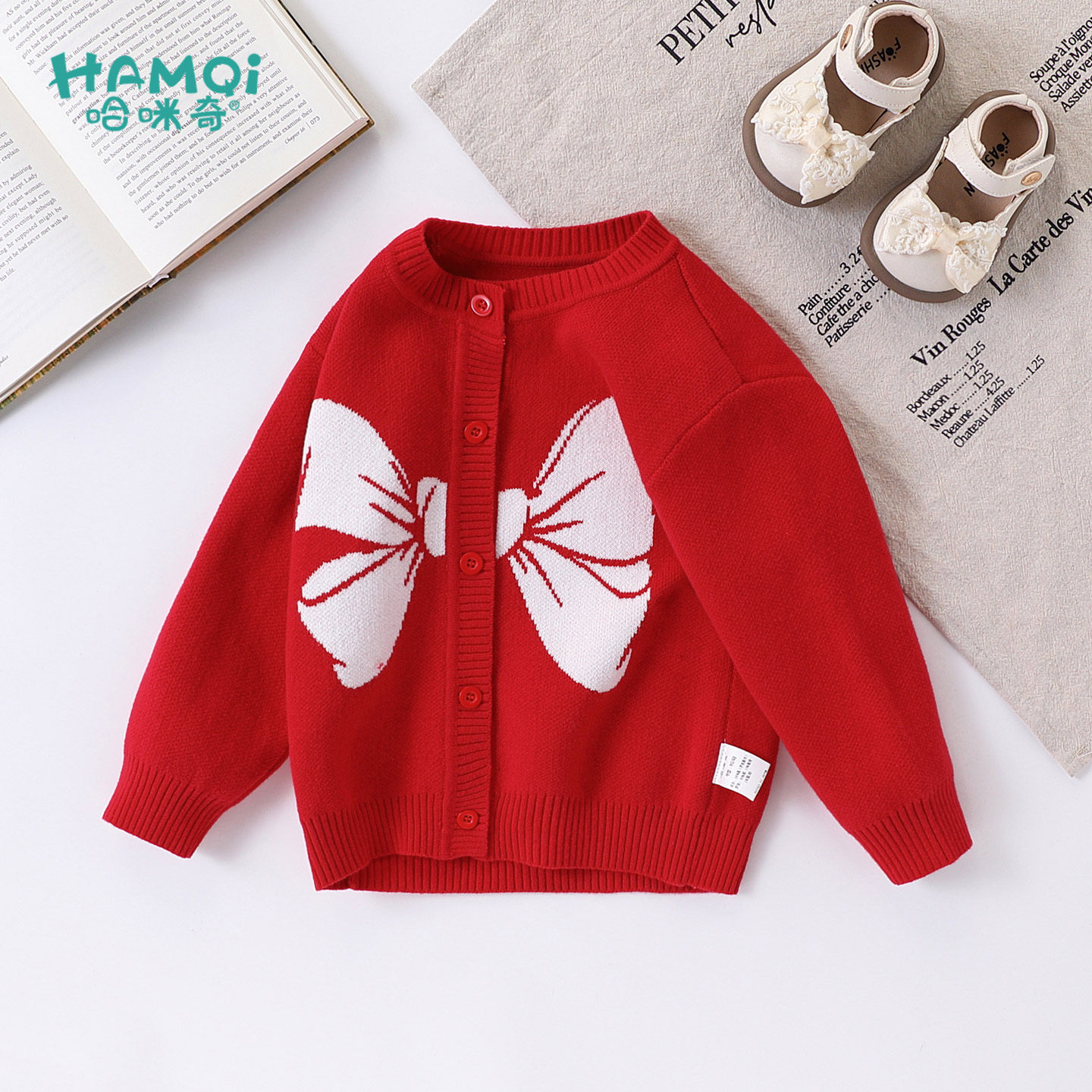 女童开衫毛衣春秋装小儿童红色毛衫蝴蝶结针织衫新款宝宝外套上衣