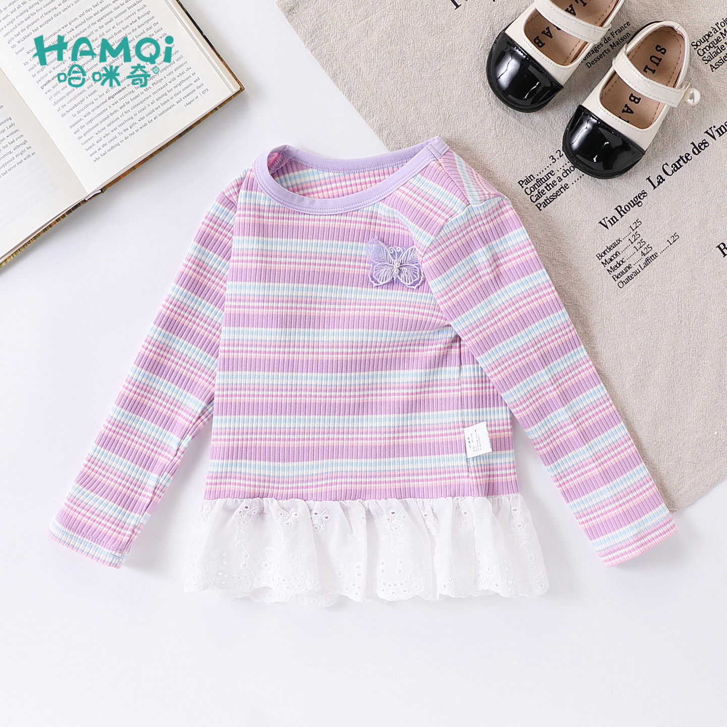 女童条纹打底衫春秋装小儿童洋气蕾丝拼接下摆T恤上衣宝宝长袖潮